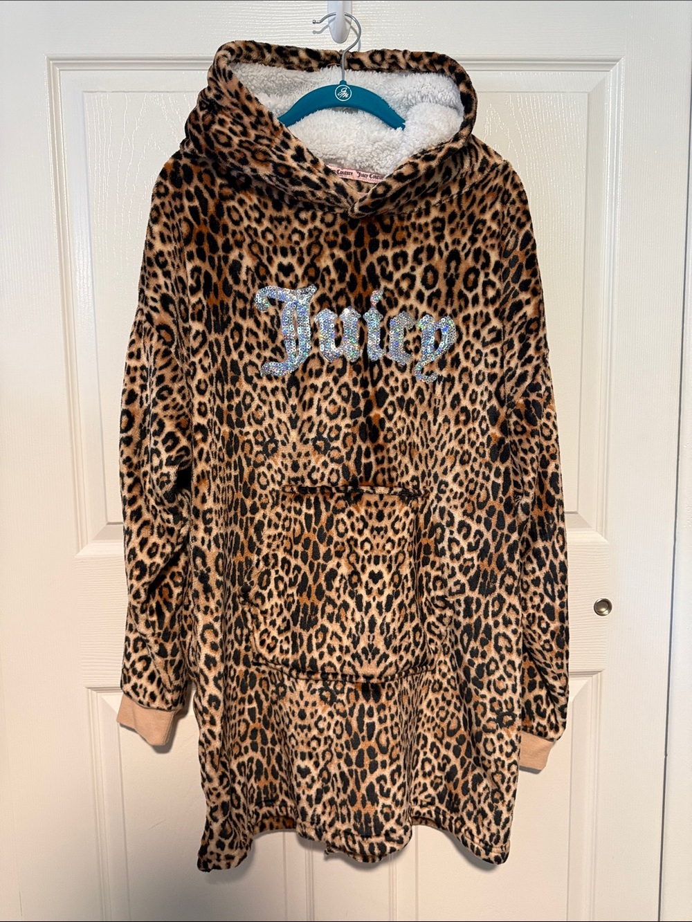 Juicy Couture Leopard Print Hooded Tunic Hoodie Lounger with Sparkling Logo
